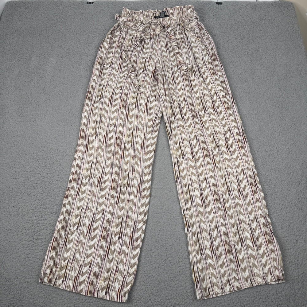 Rewash Linen Blend Wide Leg Pants Womens Small Cream Tan Geometric Paperbag Boho